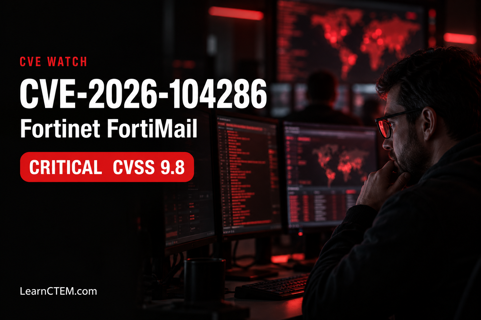 CVE-2026-104286 Fortinet FortiMail critical severity vulnerability, LearnCTEM CVE Watch cover