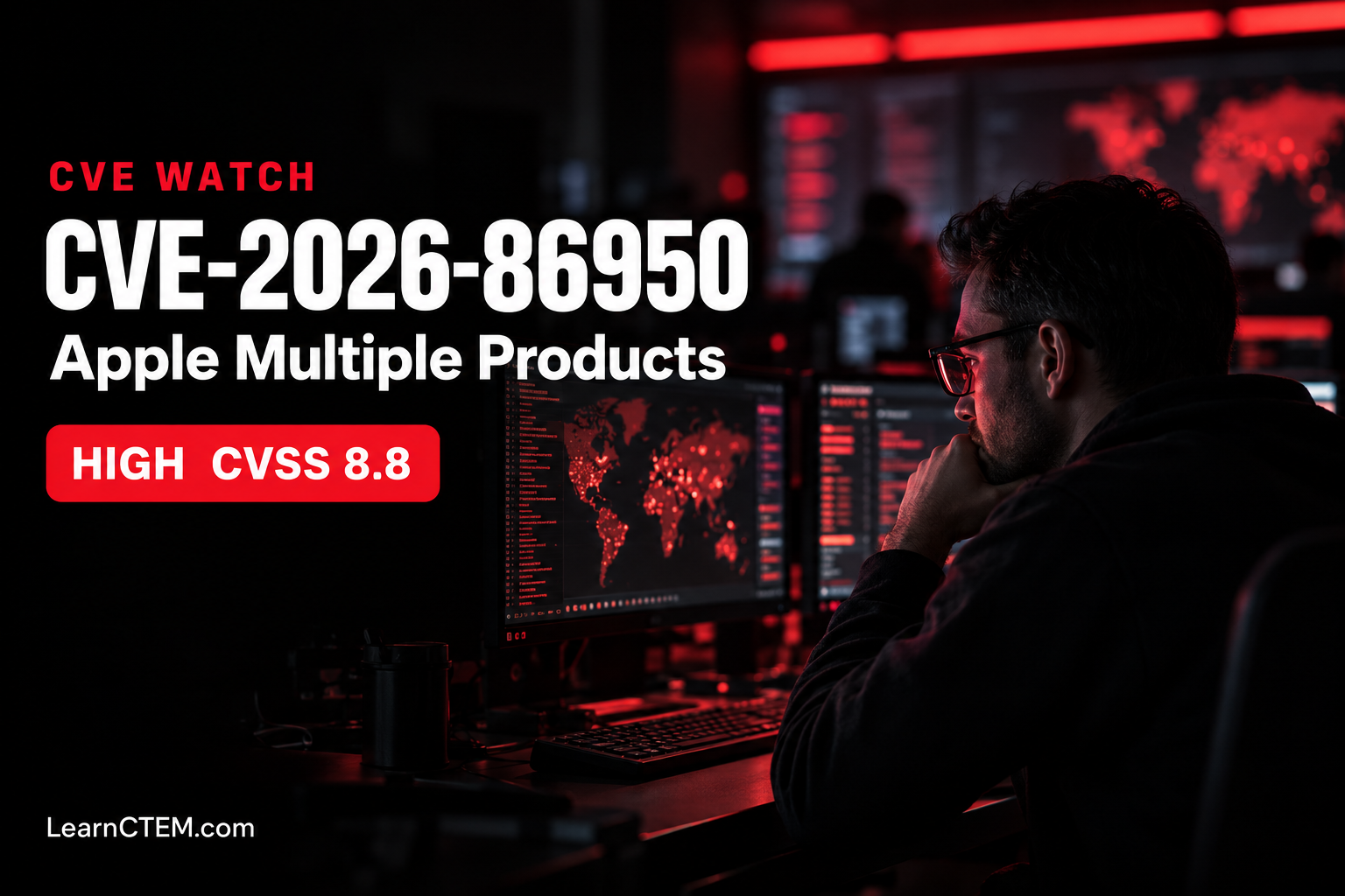 CVE-2026-86950 Apple Multiple Products high severity vulnerability, LearnCTEM CVE Watch cover