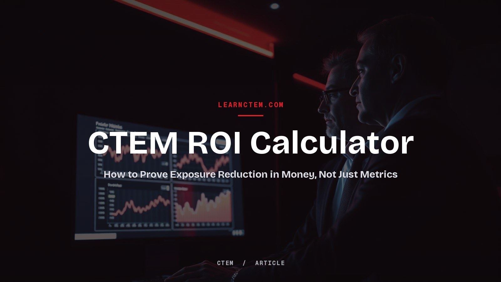 Black and red illustration of a downward risk curve alongside currency figures, representing a CTEM ROI calculator.