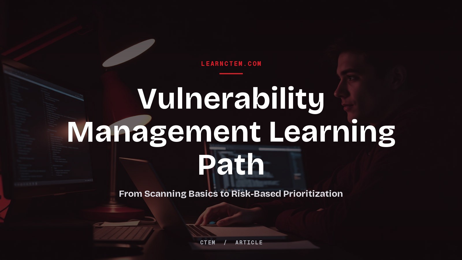 Black and red illustration of five glowing nodes rising in a stair step path, representing a free vulnerability management learning path.
